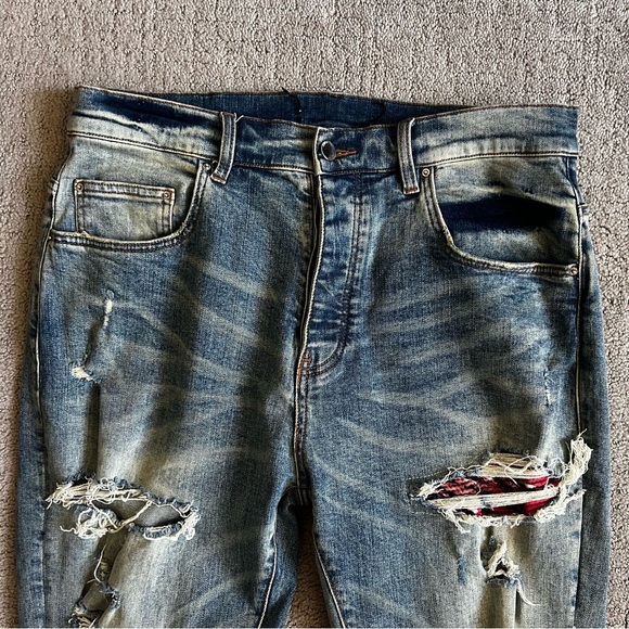 Amiri Men’s Thrasher Distressed Slim Fit Jeans Sz 36 Blue Denim Red Bandana MX1 - Picture 3 of 14